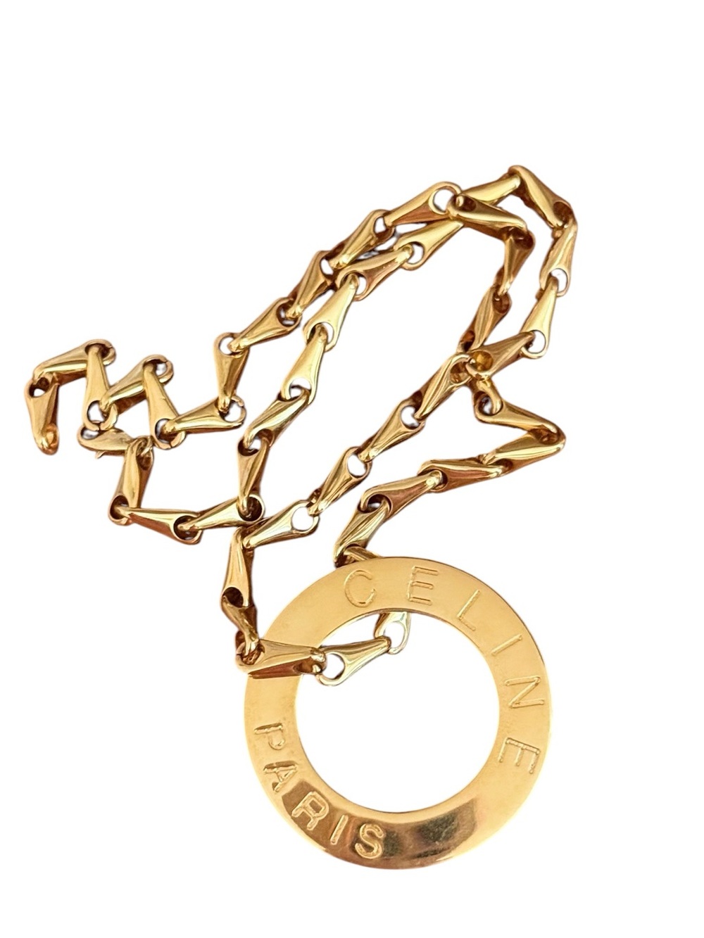 Vintage Celine Paris Gold Tone Logo Pendant Necklace